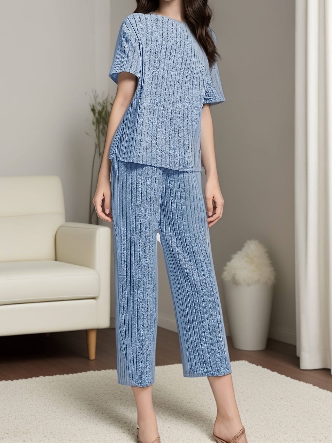 Women's Solid Ribbed Lounge Set with Short Sleeve Top & Pants, Loose Fit and Comfortable