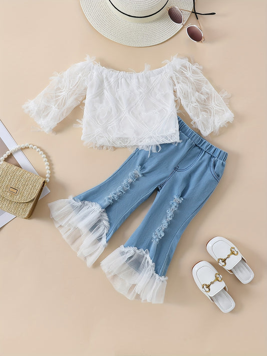 Stylish girls' summer outfit: off-shoulder white lace top with blue tulle flared pants set. Made of 100% polyester, machine washable. Perfect for outdoor wear.