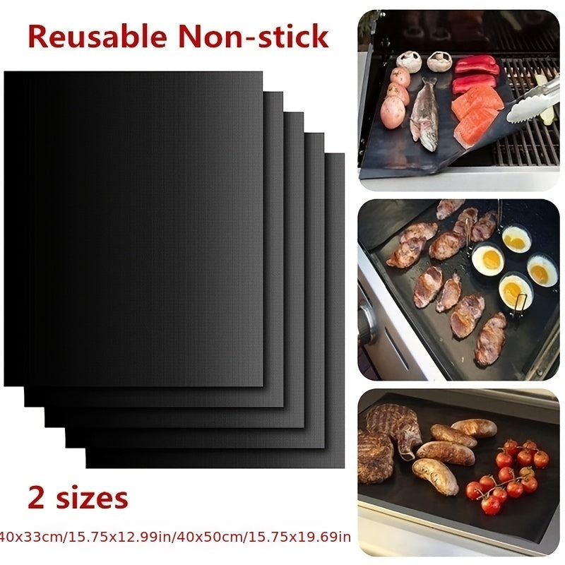 Set of two non-stick Teflon oven mats, each 0.2mm thick and reusable baking liners. These microwave safe kitchen pads are essential baking tools.