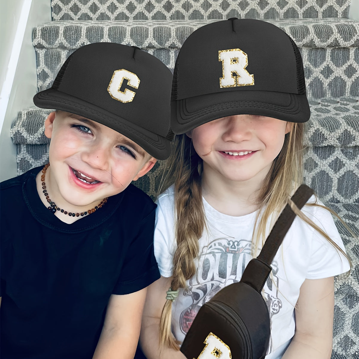 Children's Alphabet Baseball Cap and Shoulder Bag Set made of polyester material with a breathable, season-neutral design. Features a fitted cap with a buckle closure suitable for daily and