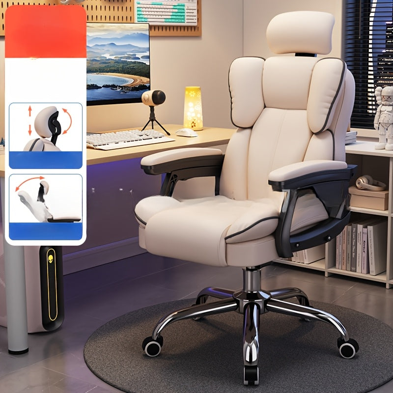 Ergonomic office chair with adjustable headrest, dual-layer recliner, and saddle-shaped seat pack. Features manual recline, solid back, high-density sponge filling, non-wooden frame, and