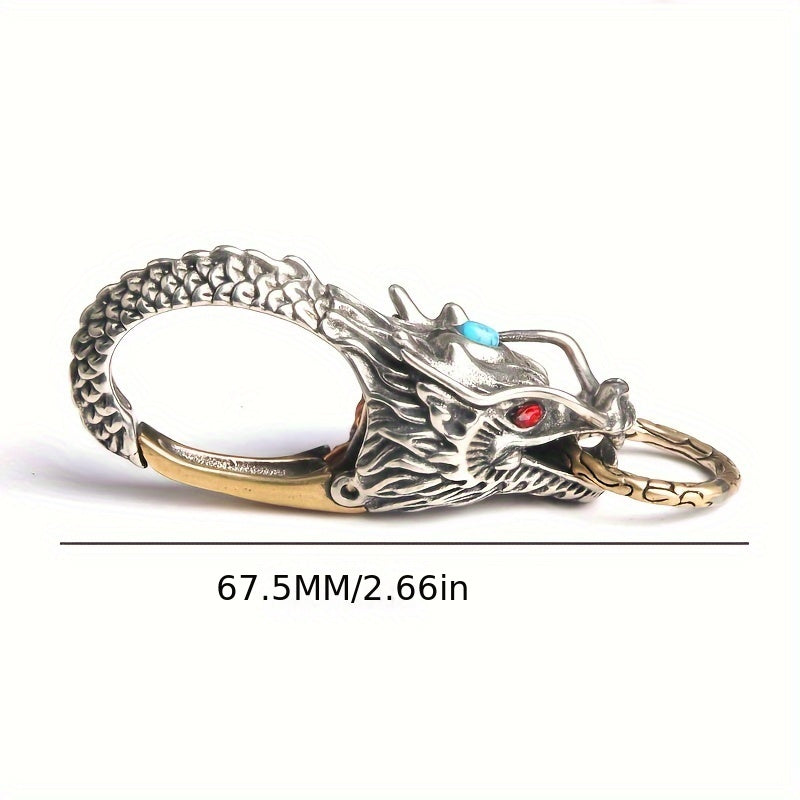 Chic Dragon Keychain in Brass and White Copper with Turquoise Detail - Fashionable Accessory for Men's Belt