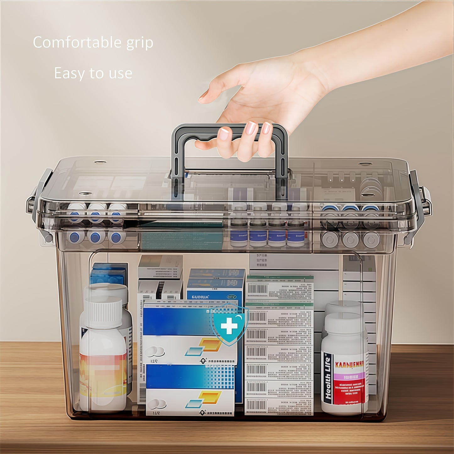 Waterproof double-layer medicine organizer for home first aid supplies.