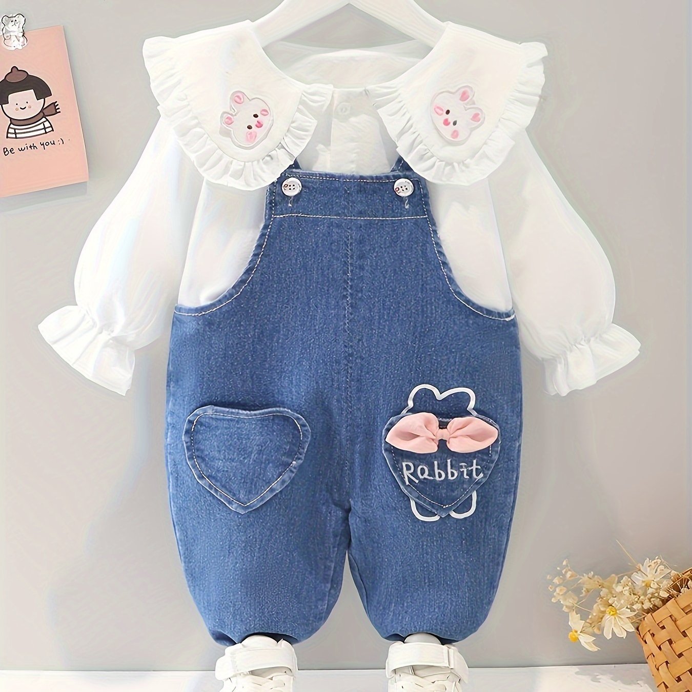 Baby girl's 2-piece denim overalls with rabbit embroidery plus ruffled blouse for spring and fall outdoor wear.