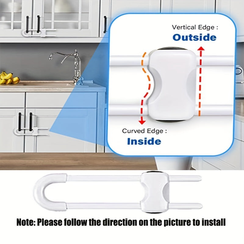 Keep your little ones and furry friends safe with this set of 4 adjustable U-Latch safety locks for sliding cabinets. Made from BPA-free white ABS material, these locks are perfect for kitchens and bathrooms, helping to prevent accidents in danger areas.