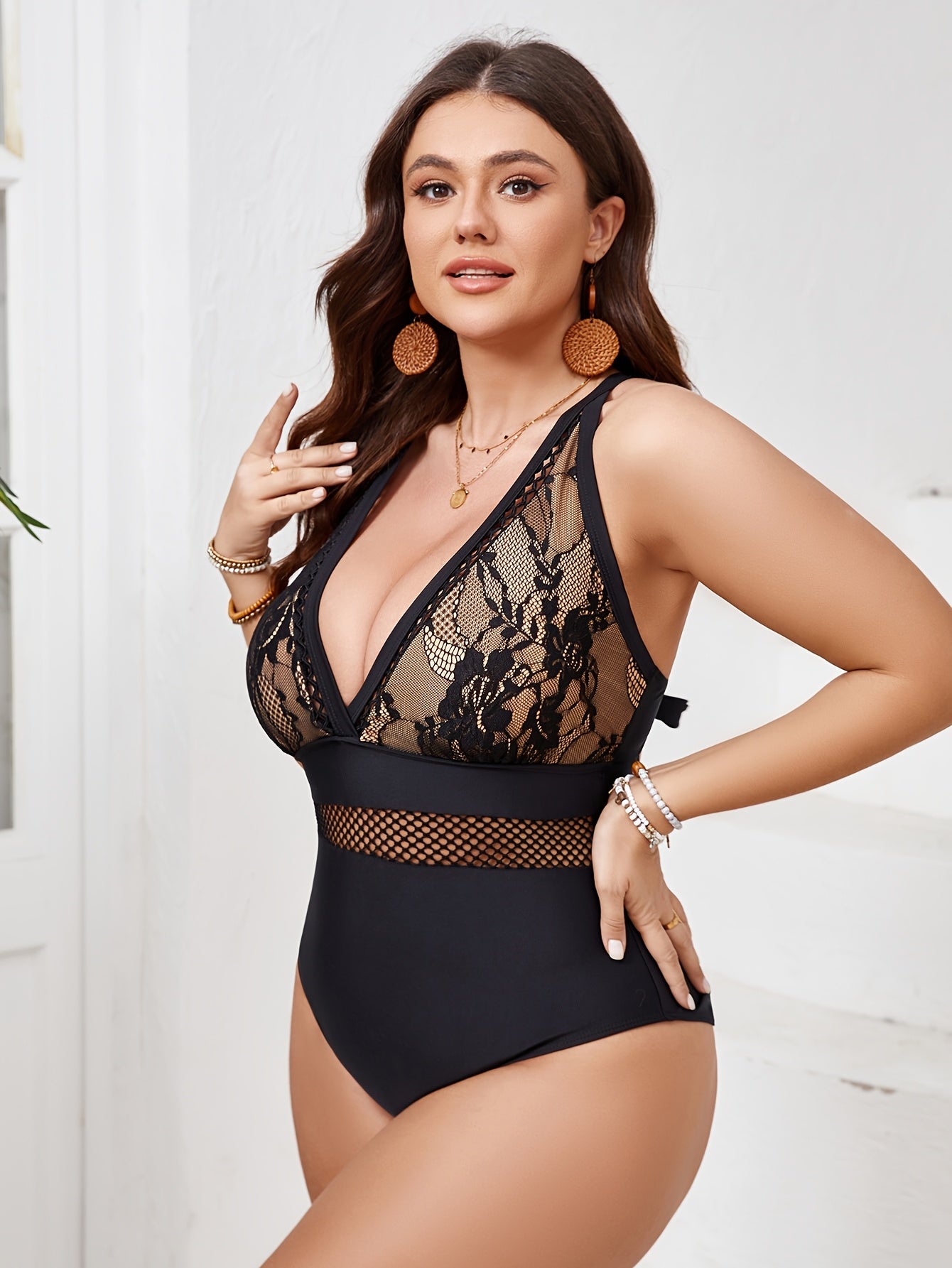 Unyooke Plus Size Women's One-Piece Swimsuit in Black with Lace V-Neck and Tie Detail, High Elasticity Polyester Fabric, Removable Pads