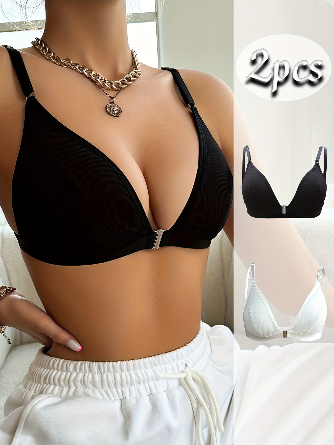 2-Pack Elegant Polyester Push Up Bras for Women - High Support, Solid Color, Knit Fabric, Wireless, No Padding in Black and White