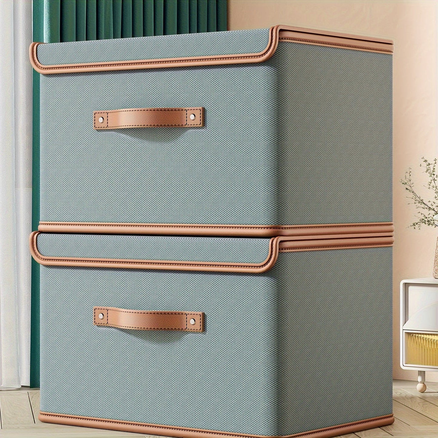 Two large fabric storage bins with lids, designed for organizing clothes, towels, and underwear. They are foldable and space-saving, with an unfinished appearance and insert mount design for easy transport and storage in travel, home, dorm, bedroom, or