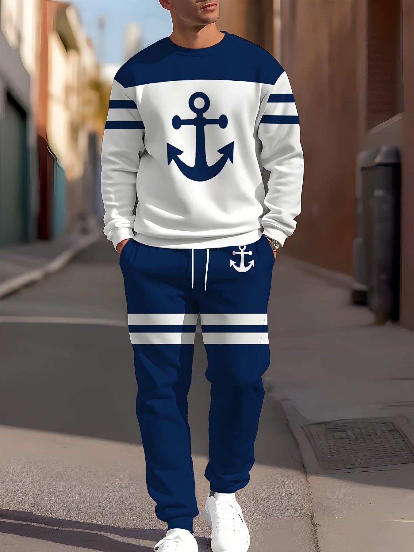 Anchor print sweatshirt and joggers set for men made from a comfortable polyester blend that is machine washable. Casual and comfortable.