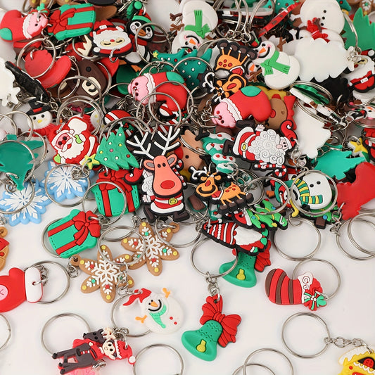 Set of 100 PVC Christmas keychains featuring cartoon and anime designs. Includes assorted festive charms and ring buckle key chains for decorating ladies' bags and accessories. Mixed styles for holiday keyring pack.