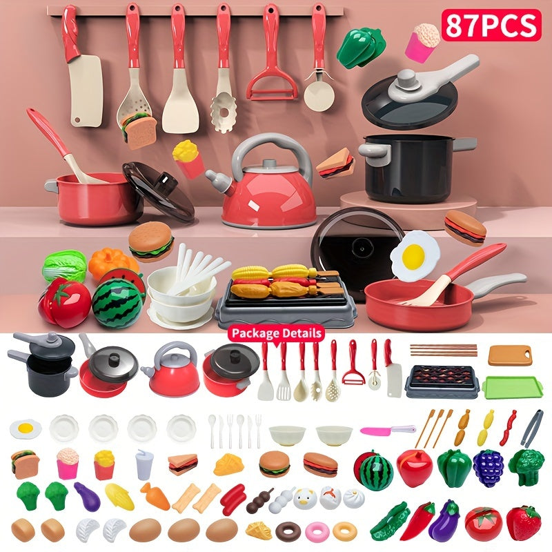 32/65/87/95pcs Kids Kitchen Play Set - Pretend Play Cooking and Serving Toy with Fruits, Vegetables, Utensils - Colorful Role-Play Gift for Boys and Girls