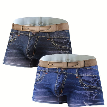 Men's fashion cotton 3D denim boxer briefs with belt print, breathable and stylish underwear.