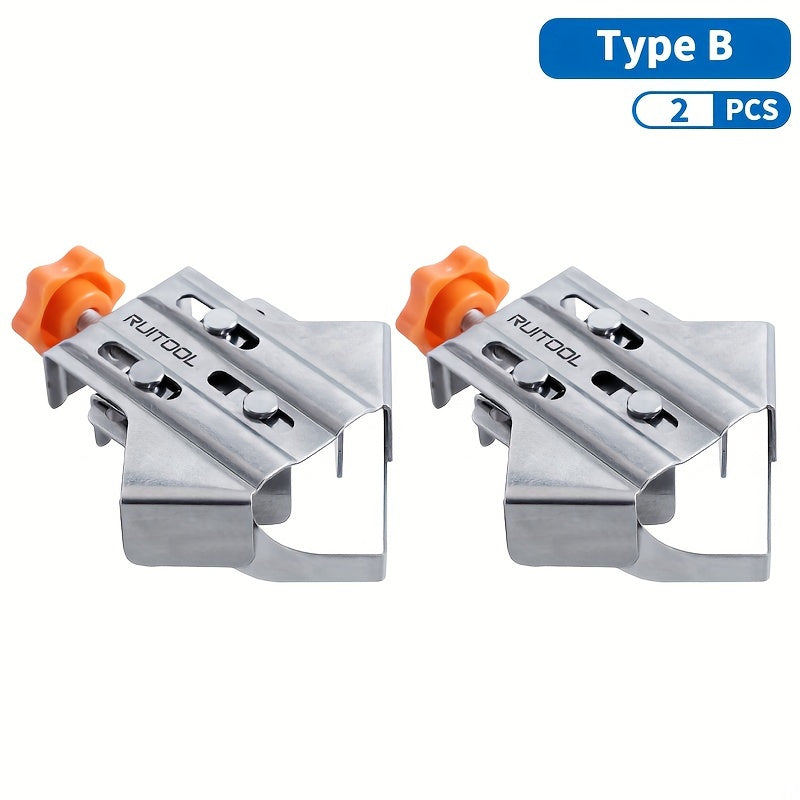 Stainless steel corner clamp for woodworking, with adjustable positioning and durable plastic components.