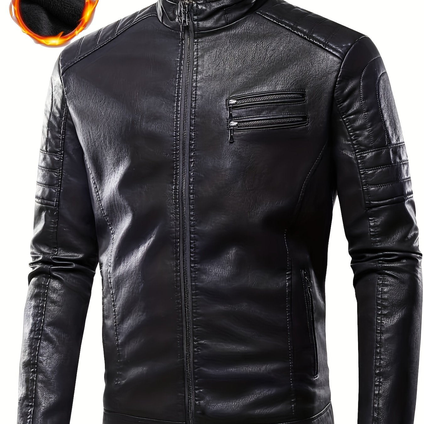 Men's plus size black jacket with faux pockets, zip closure, machine washable, warm and comfortable for fall/winter.