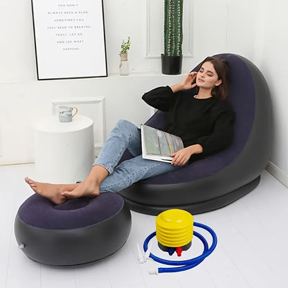 The Inflatable Lazy Sofa Chair with Footrest is a portable and foldable outdoor lounger made of comfortable velvet fabric. It is easy to clean and can be used for various purposes. No assembly is required, and it includes an inflation pump. It is