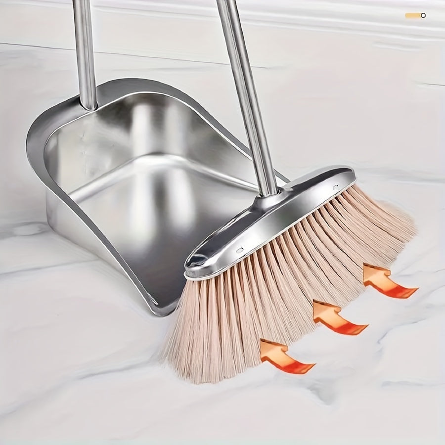 Durable Stainless Steel Broom and Dustpan Combo with Extended Handle - Sleek Polished Design, Complete Cleaning Kit for Home, Kitchen, Indoor & Outdoor Spaces, Convenient Standing Dust Pan, Dustpan Set with Multiple Components