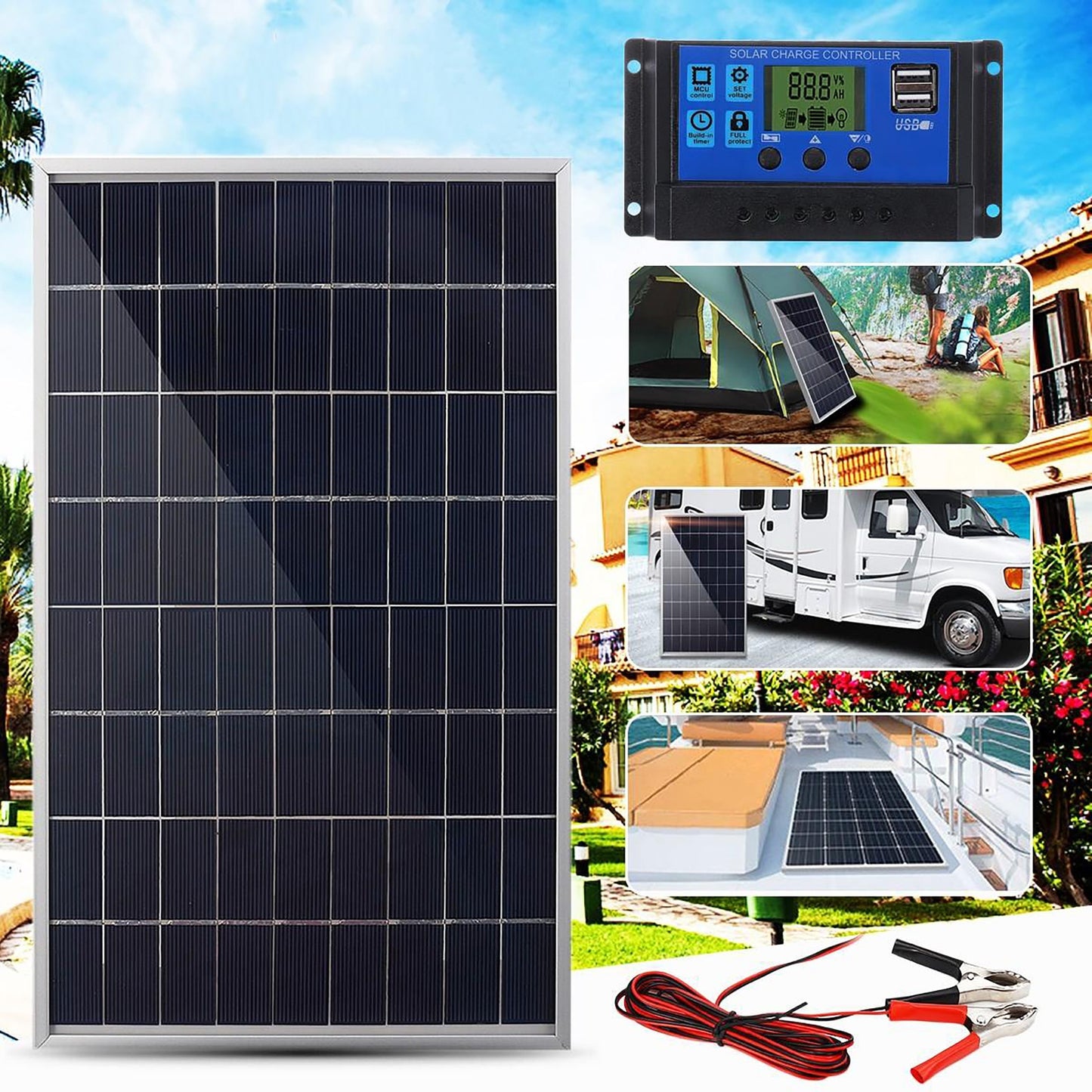 Portable power generator with detachable controller for solar charging.