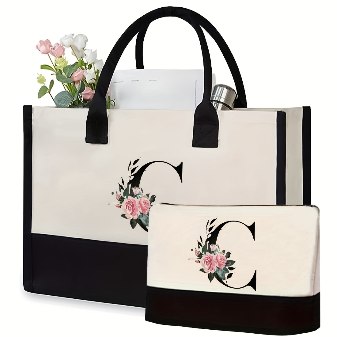 Custom canvas cosmetics bag with assorted colors, fixed straps, and random prints.