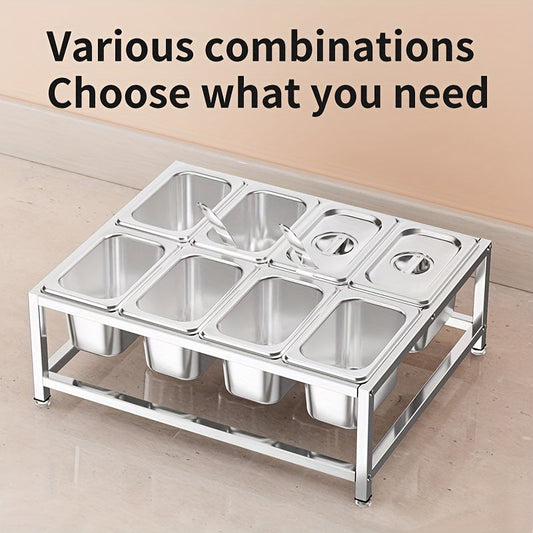 Set of stainless steel spice racks with 8 compartments, designed for organizing spices in both kitchens and restaurants. Includes seasoning containers.