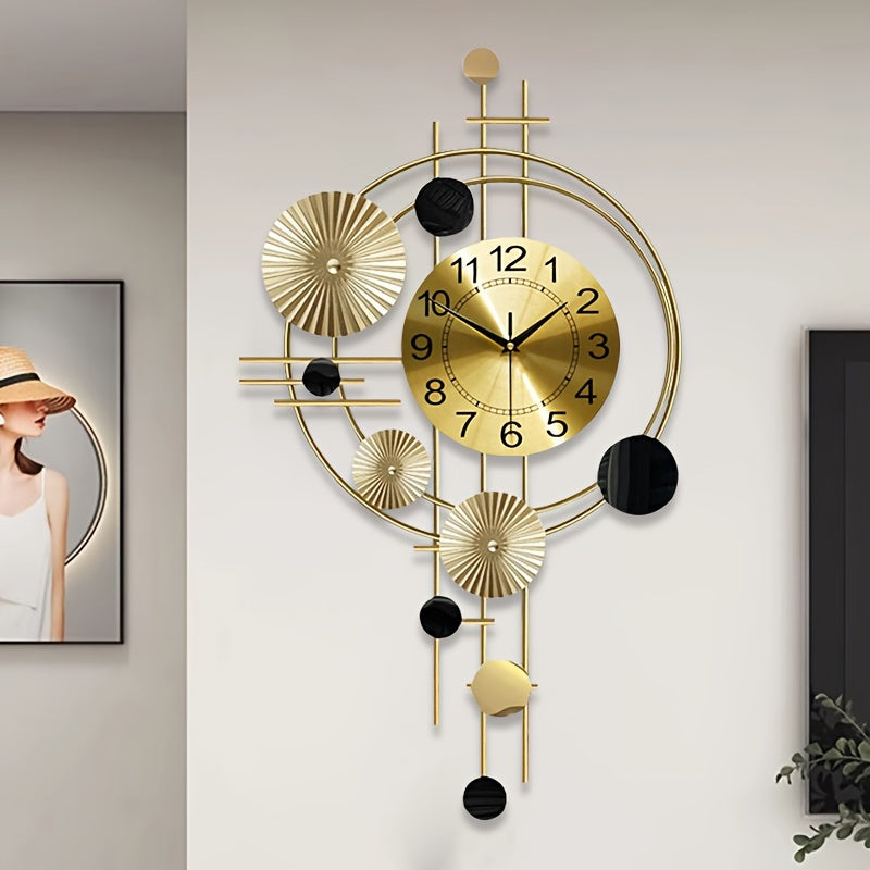 Contemporary Nordic-style wall clock with geometric design, large numbers, and digital display. Battery-powered and perfect for home decor. Iron construction.