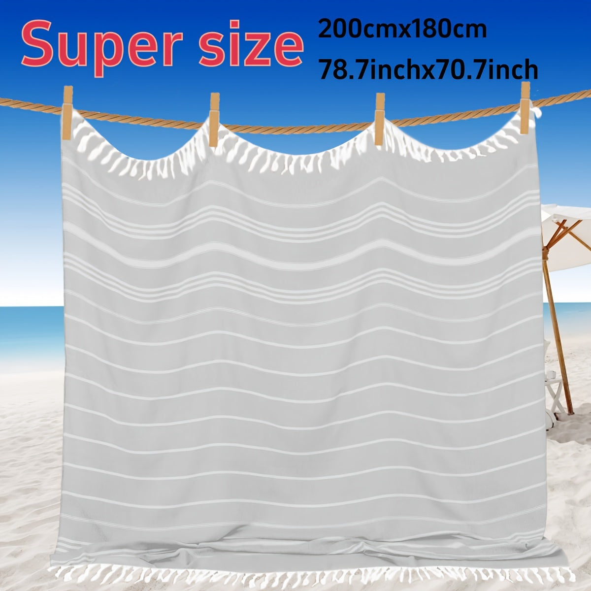 Large Turkish beach towel made of 100% cotton with modern striped woven pattern and space theme. Low linting, quick-dry, sand-free, and compact design for men and women. Perfect gift for outdoor use.