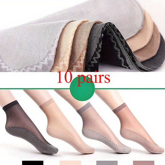 10 pairs of comfy lace trim no-show socks in assorted colors. Non-slip and reinforced toe/heel. Versatile legwear for casual attire.