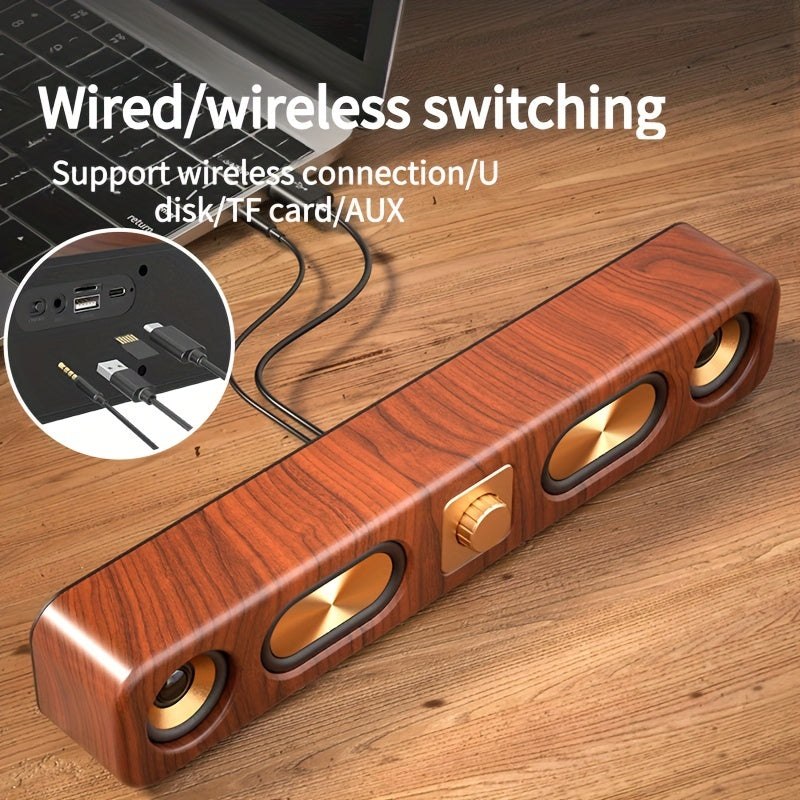 Portable wireless speaker with dual speakers, enhanced bass, rechargeable battery, wood grain design - perfect for parties and gifts.