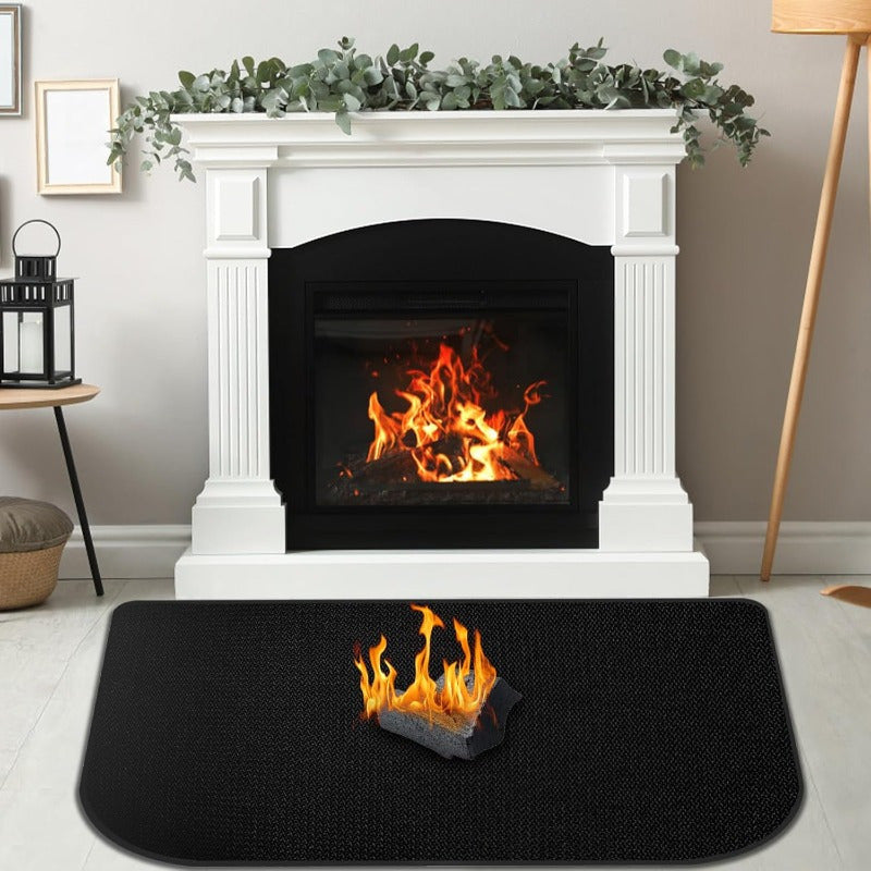 Black Fireproof Silicone Fireplace Hearth Rug, measuring 101.6x48.26 cm, designed with a heat resistant mat and anti-slip bottom. This fiberglass fire resistant pad is perfect for protecting wood stove floors indoors or outdoors.