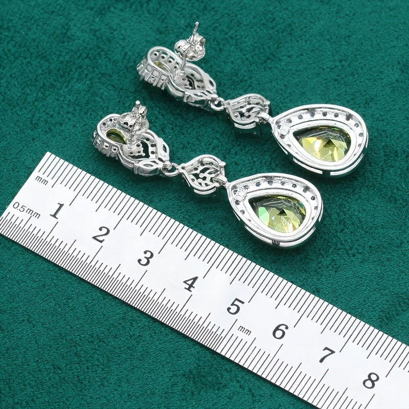 Exquisite 5-Piece Olive Green Zirconia Jewelry Set for Women - Featuring Elegant Synthetic Stones, Platinum Plated Copper with Full Pave Setting - Comes with an Adjustable Ring, Long Earrings, Necklace, and Bracelet - Ideal for Weddings, Banquets, and as