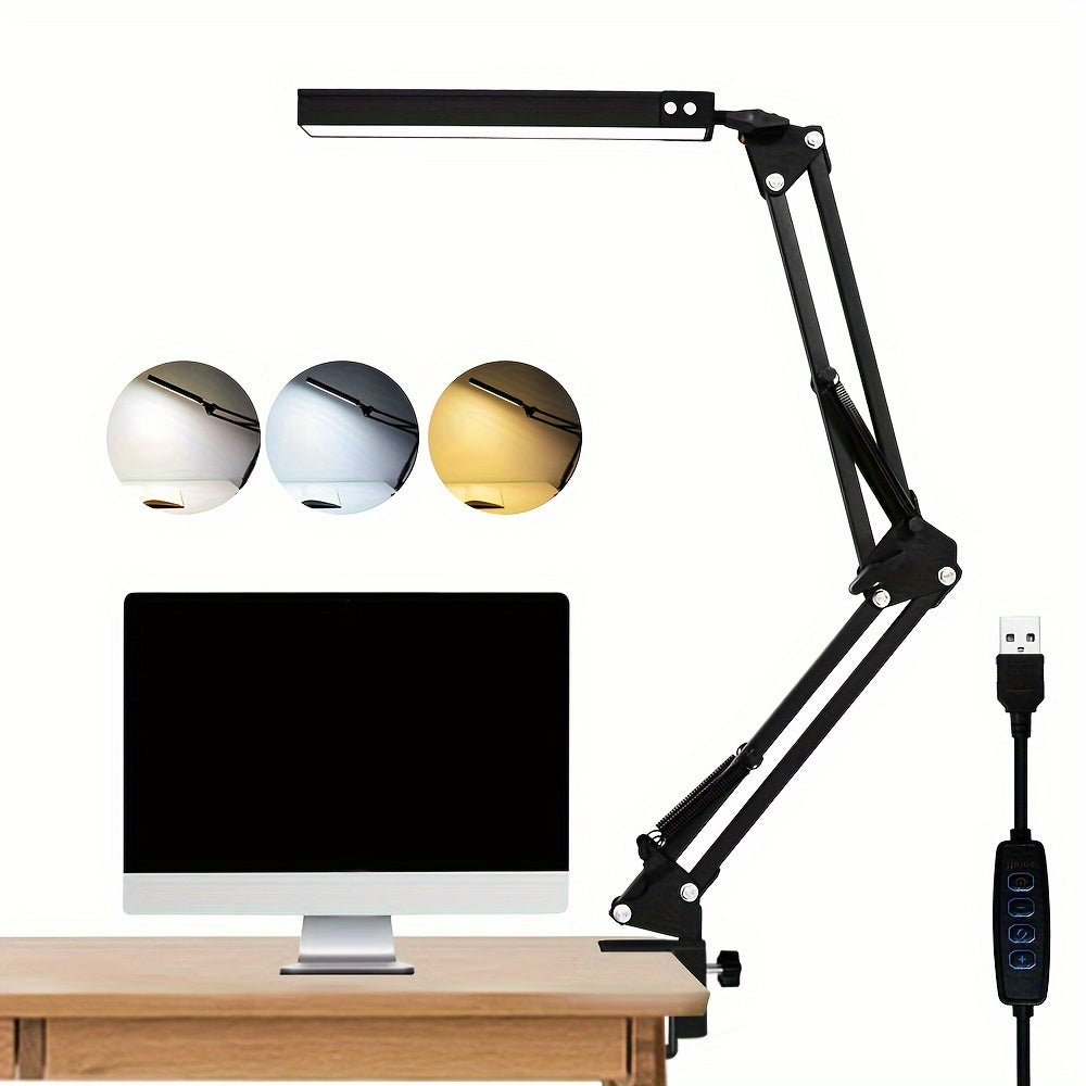 Adjustable LED desk lamp with clip-on base, USB powered, 3 color temperatures & 10 brightness levels. Modern swing arm design for office, reading, and study.