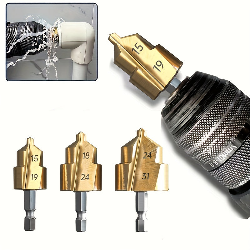 Hexagonal handle reaming drill bit for plastic water pipes. Converts small diameter pipes into larger ones. Ideal for connecting plastic pipes in home improvement projects.