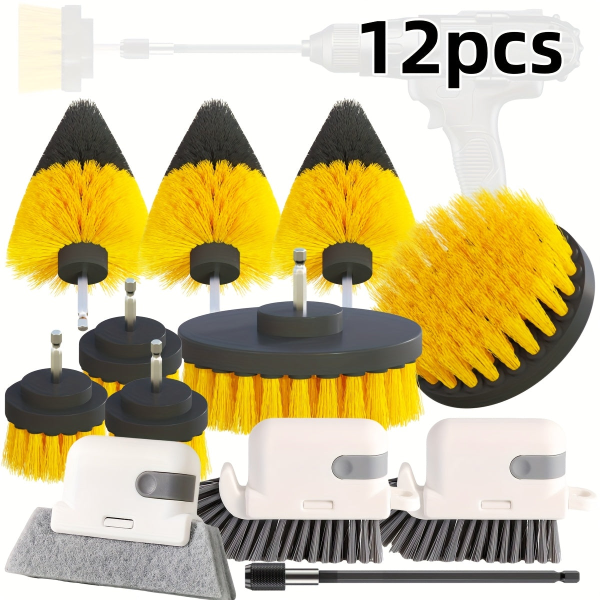 A versatile cleaning tool set featuring 8/12/24 drill brush accessories, an electric brush, extension rod, window brush, and blind spot brush. Ideal for use in the bathroom, kitchen, toilet, car, walls, and glass surfaces. Perfect for all your cleaning