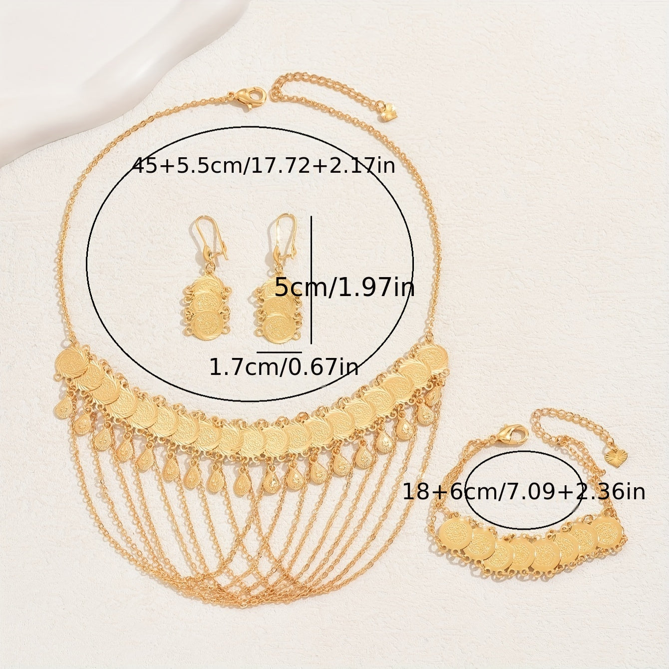 Stylish Four-Piece Set of Tassel Necklace, Coin Earrings, and Bracelet in 18K Gold Plating, Perfect for Everyday Wear