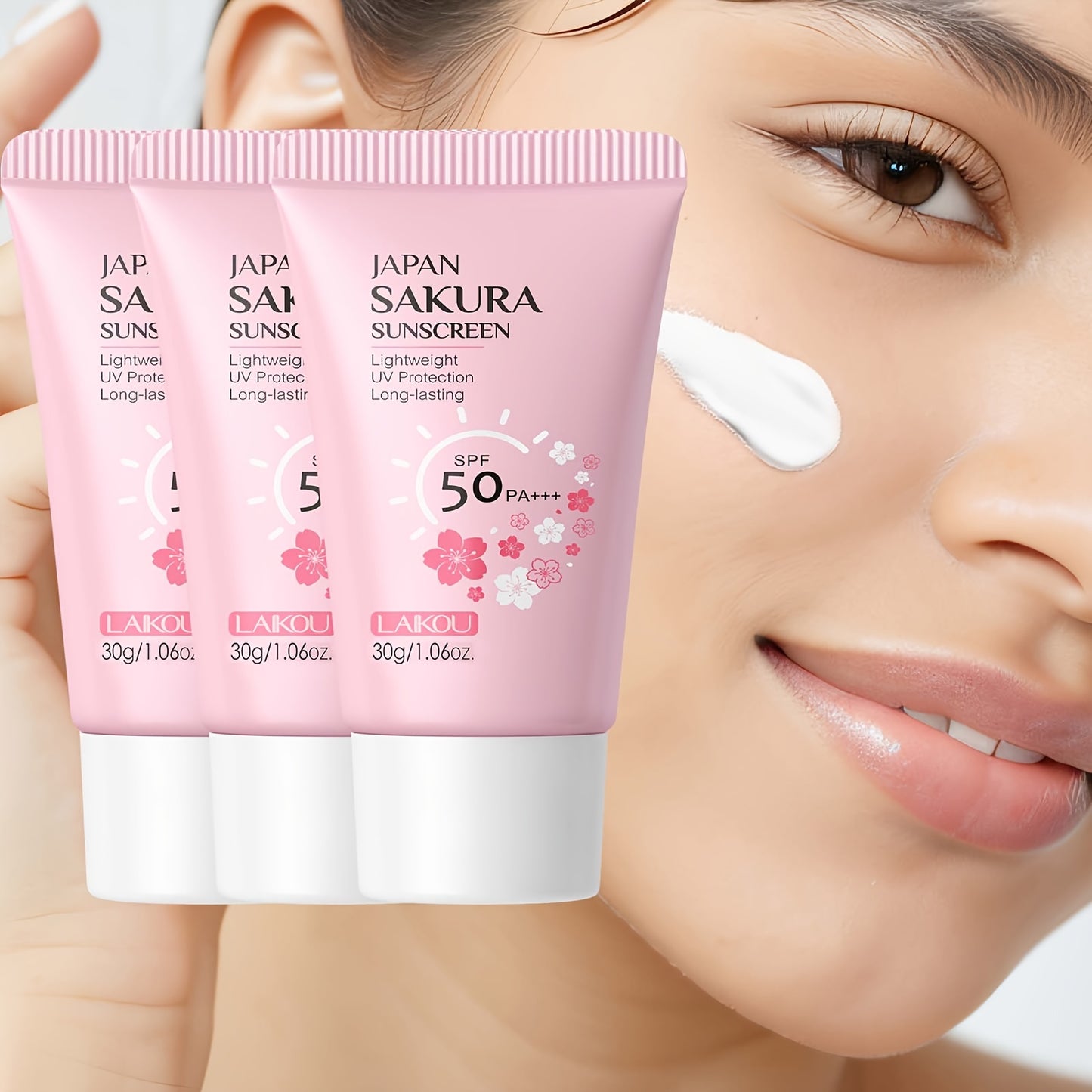 Set of 3 Sakura Sunscreen Creams designed for women, offering protection against blue light and dust, with SPF50/PA+++ for UVA and UVB. Suitable for men's and women's face and body skin