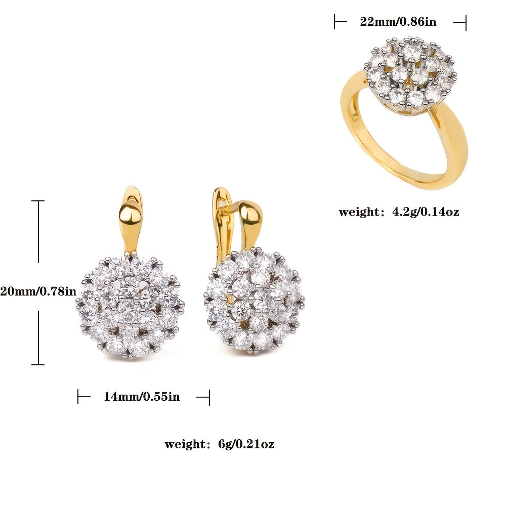 Stunning 18K Gold Plated Copper Jewelry Set featuring Synthetic Zirconia Earrings and Ring, Perfect for Parties and Gifts, Timeless Style for Any Occasion