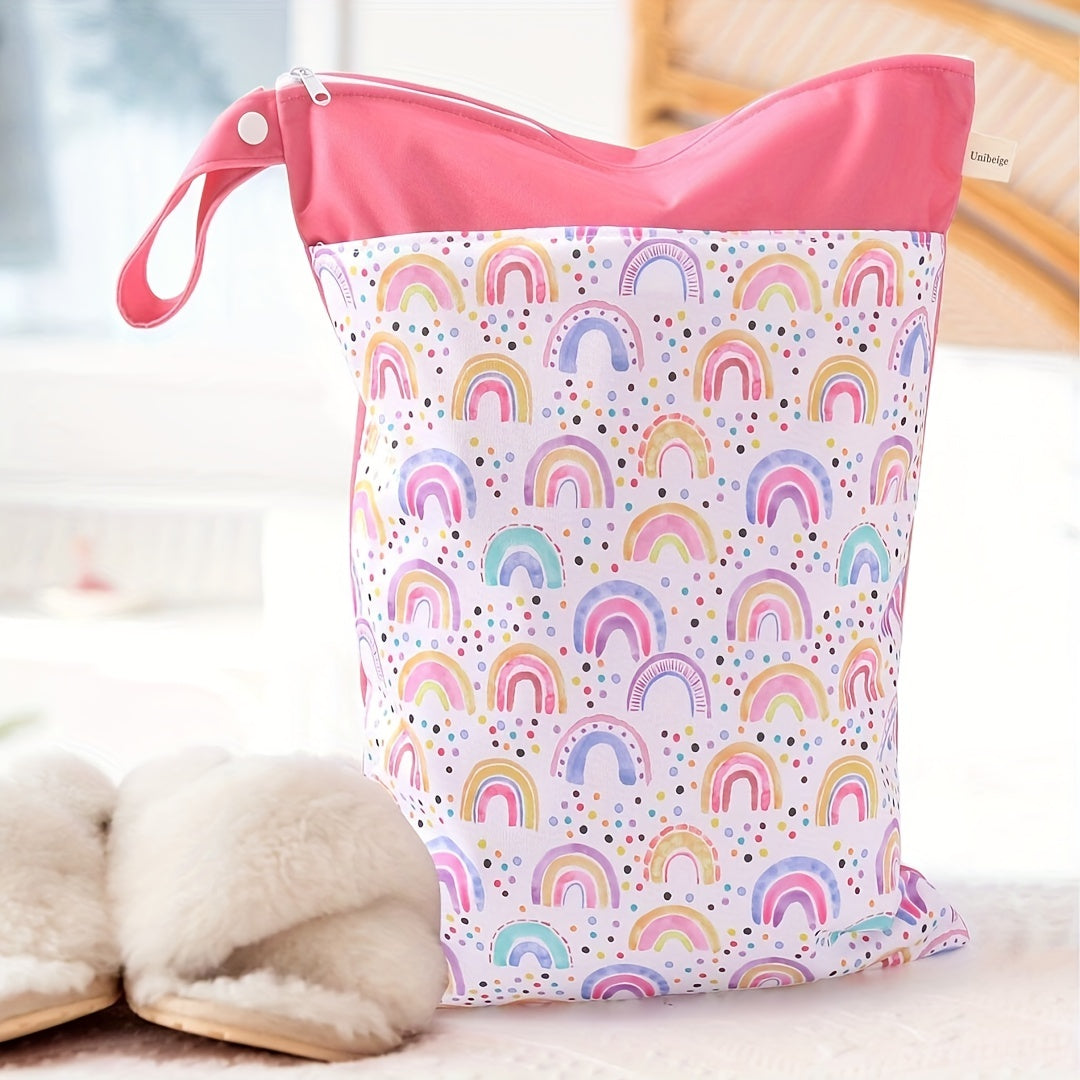 Double Zipper Trolley Hanging Mommy Bag, Waterproof Diaper Bag in Pink Rainbow Design. Perfect Travel Bag for Halloween, Thanksgiving, and Christmas gift giving.