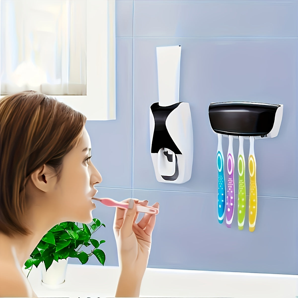 Wall-mounted toothbrush holder with automatic toothpaste dispenser, no-drill organizer for toothpaste and brushes, manual operation without batteries