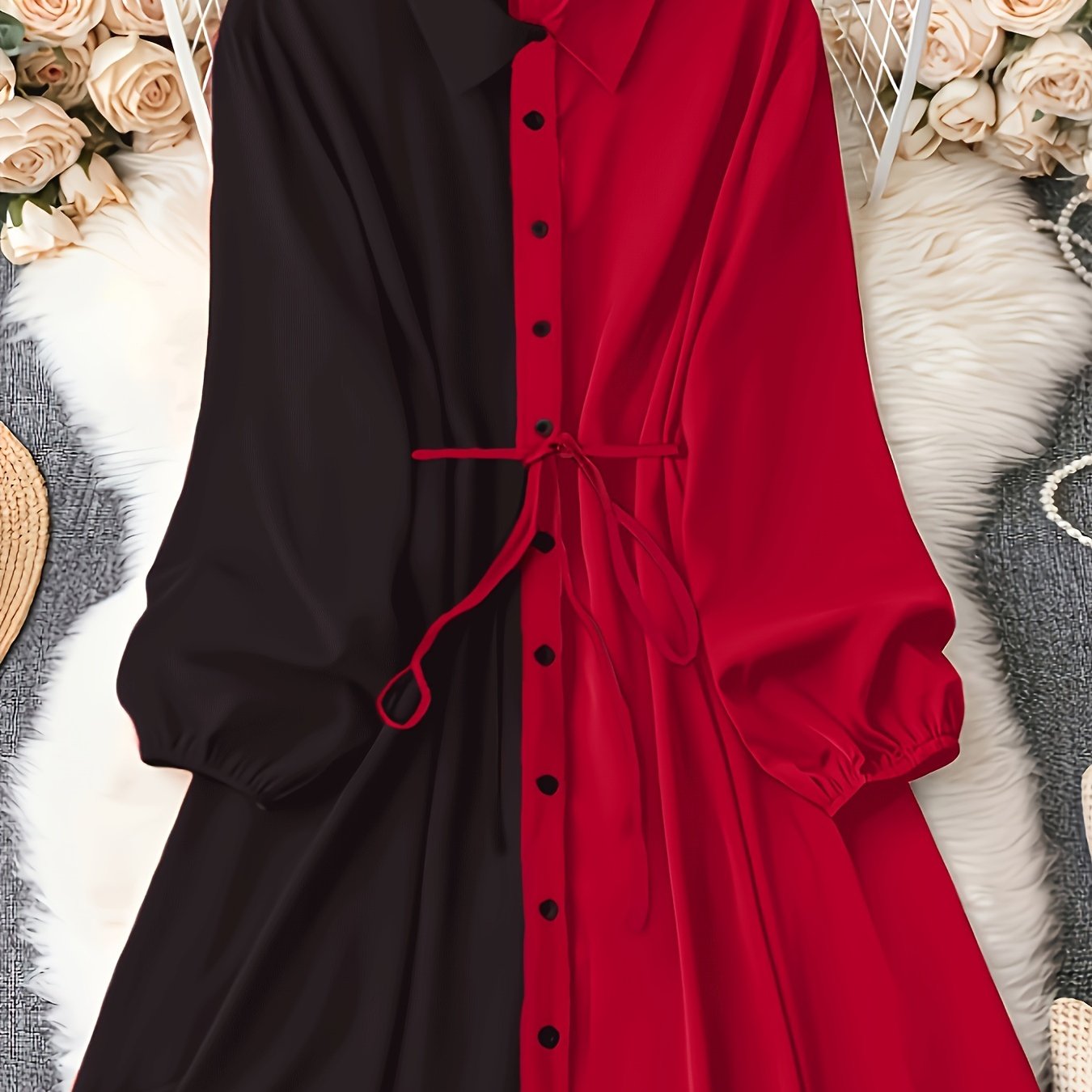 Women's plus size color block shirt dress with drawstring waist features a red and black patchwork design, button-up collar, and long sleeves. Made from lightweight polyester, ideal for