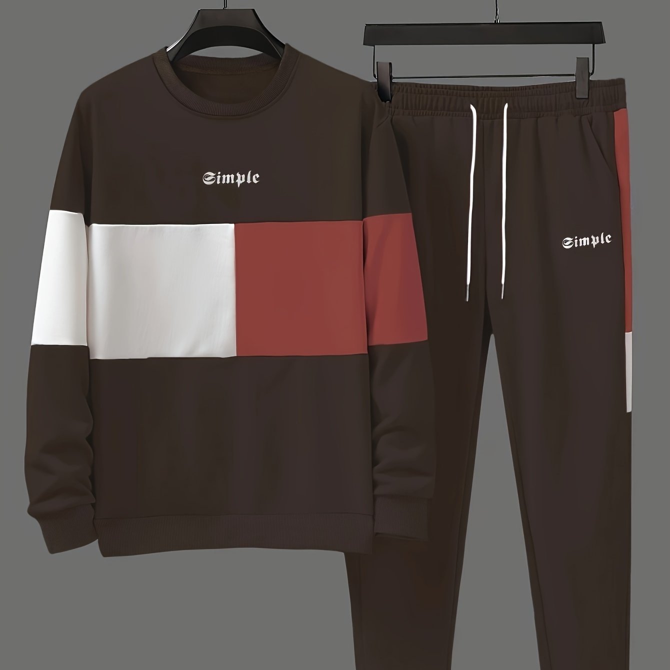 Men's casual crew neck sweatshirt and joggers set. Color block design in polyester blend, machine washable. Ideal for spring and fall, leisure style.