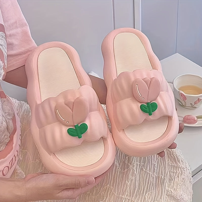 Women's cute tulip flower slides in sweet pink & white with non-slip thick sole. Hand washable PVC slippers with adorable petal design. All-season comfort shoes. Durable and slip-resistant