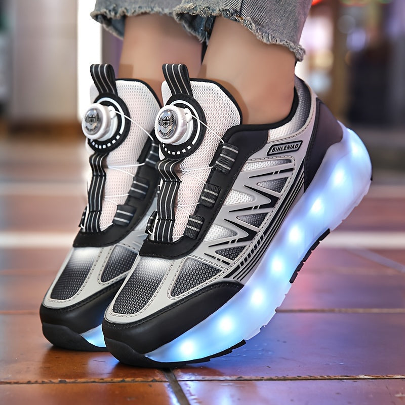 Skate shoes for youth with LED lights, four-wheel detachable design, trendy street fashion, random pattern, suitable for all seasons and sports scenes like roller skating. Features rotary