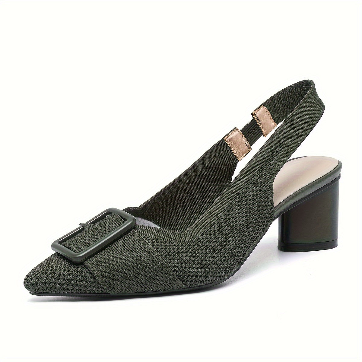 Women's mid-heel pumps with breathable knit, pointed toe, slip-on style, and chunky heel for all seasons.