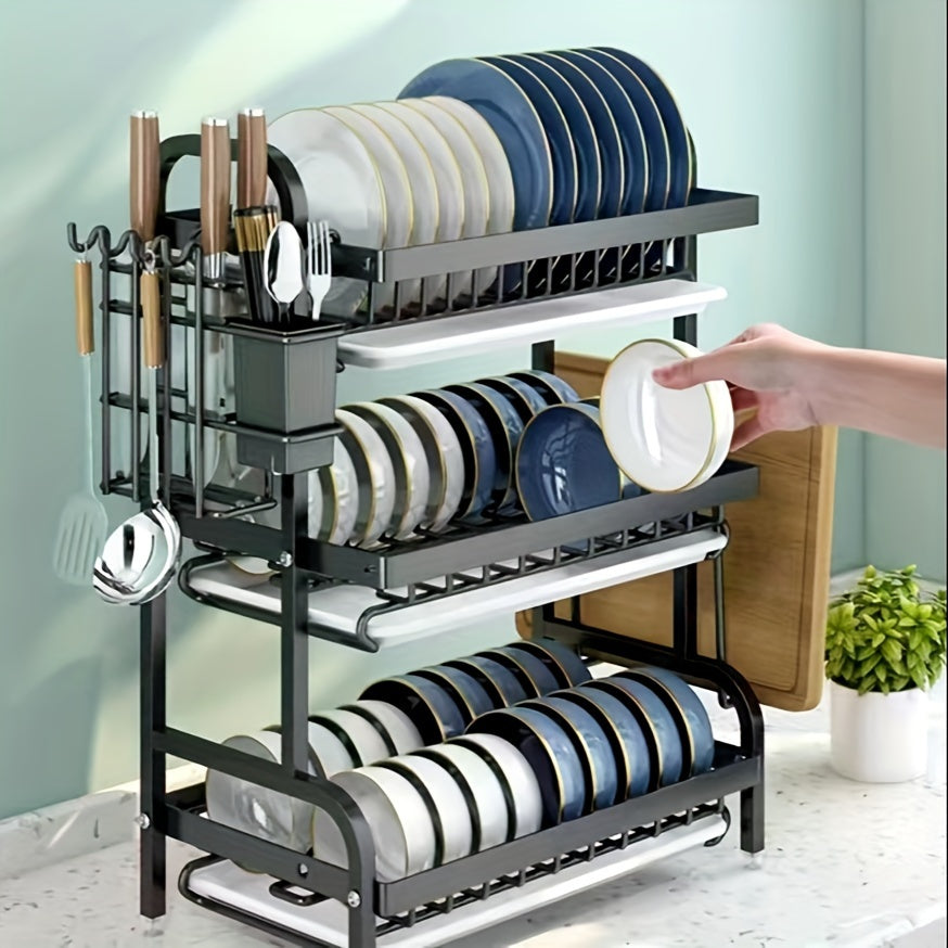 High-quality carbon steel three-layer storage rack for bowls, plates, and dishes, featuring dry and wet separation, drainage, and rust-proof design. Includes integrated racks for tableware