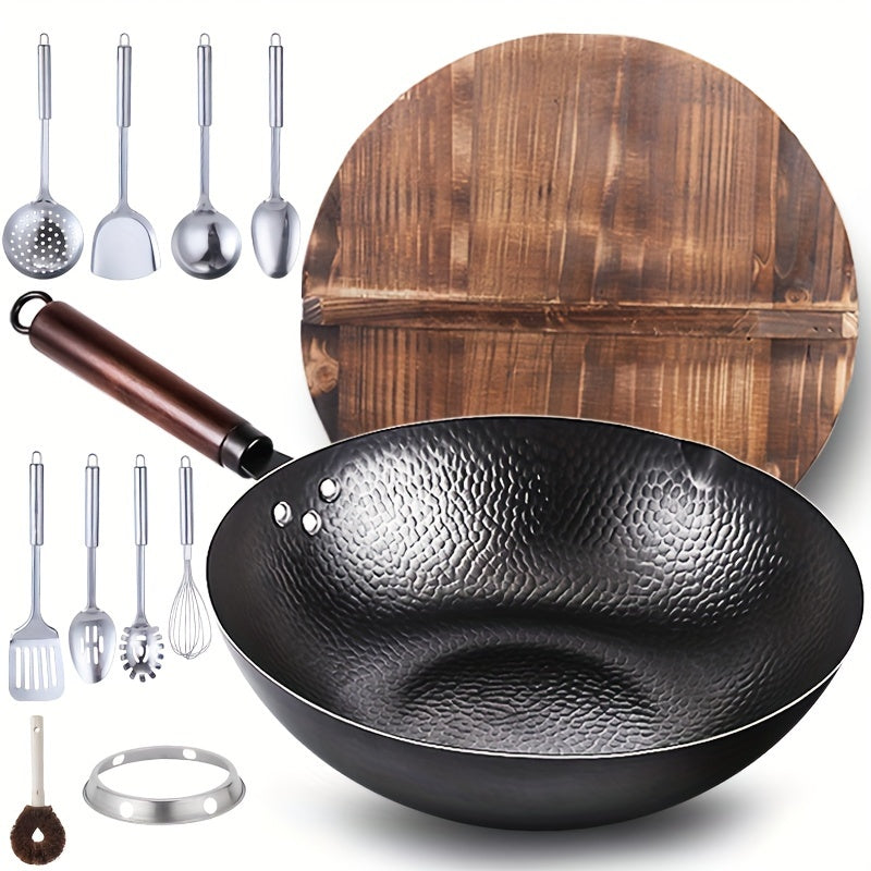 Set of 12 Chinese Hammered Iron Woks with a 32cm Wooden Lid, Kitchen Cookware made of Cast Iron, Safe Utensils for Cooking at Home