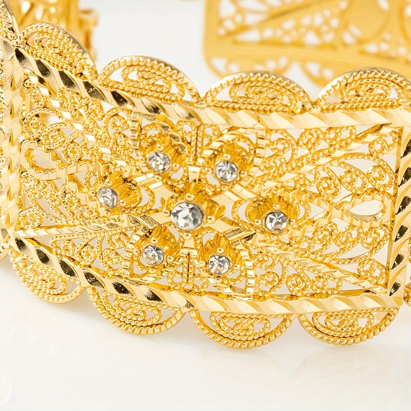 Exquisite Vintage-Inspired Bridal Bangle in Gold Plating with Intricate Hollow Carved Design and Sparkling Cubic Zirconia Details - Ideal for Weddings and Formal Events