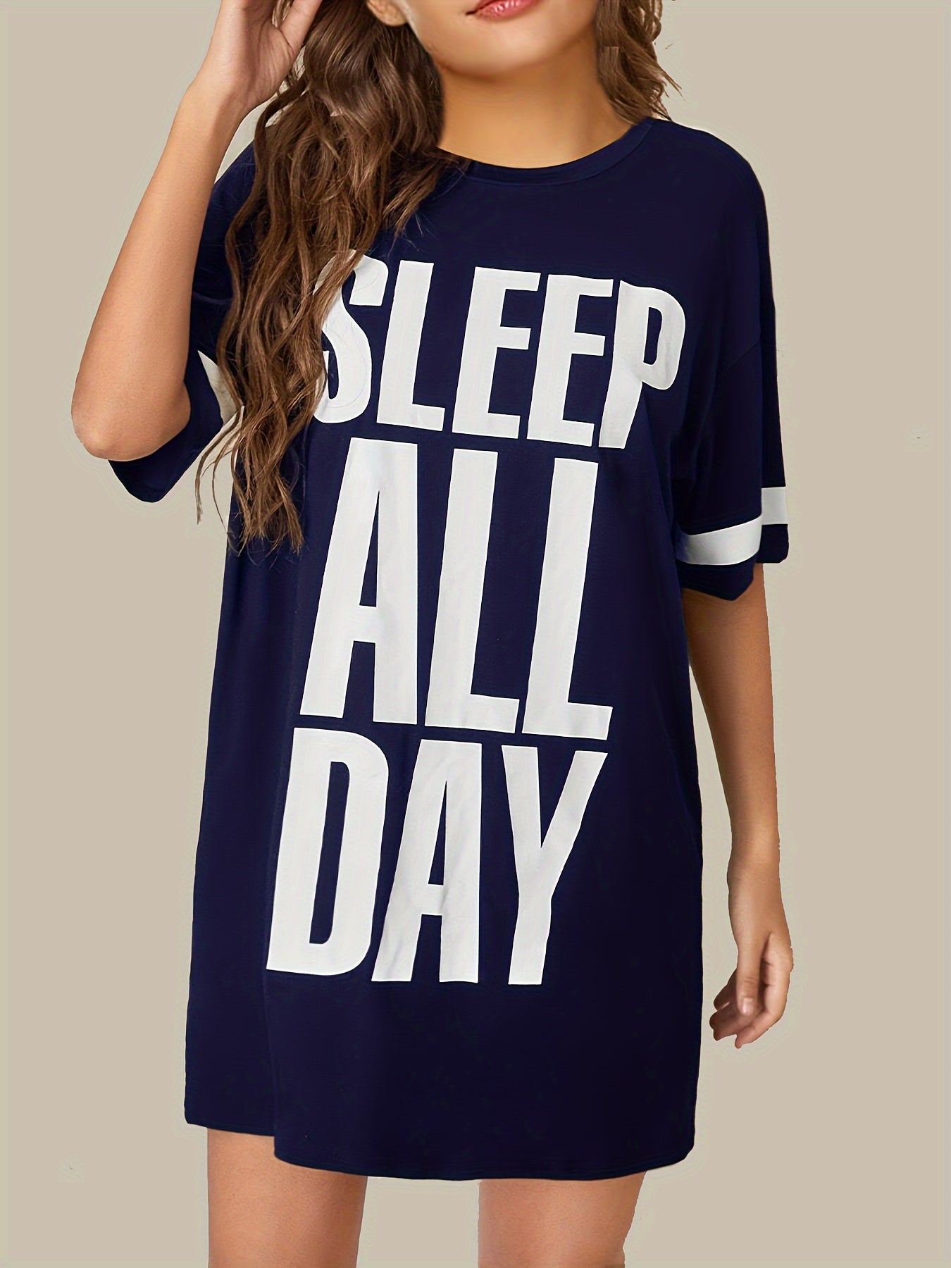 Women's "SLEEP ALL DAY" Black Nightgown - Casual, Breathable Polyester, Round Neck, Short Sleeve, Striped Detail, Machine Washable.