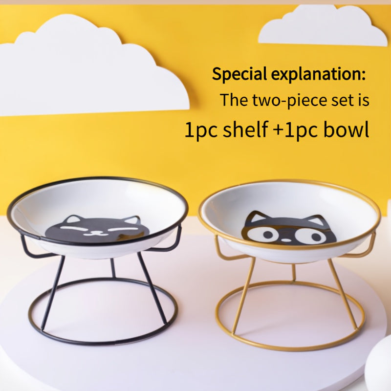 Pack of 2 includes 1pc Shelf + 1pc Bowl Ceramic Cat High Table Bowl with Cartoon Pattern. Health-conscious design suitable for pet feeding at home.