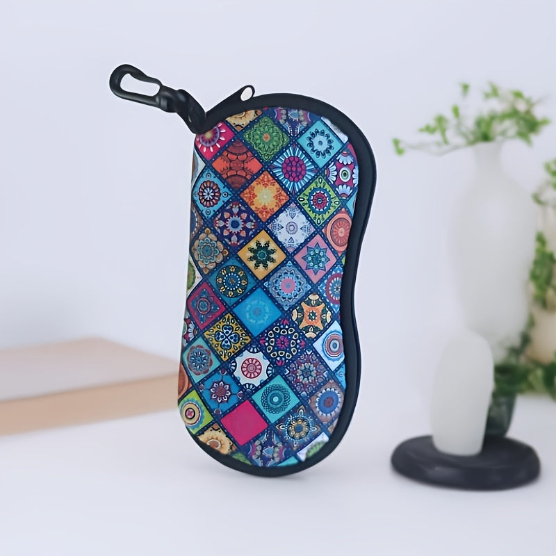 Neoprene Fashion Glass Case with Zipper & Carabiner Clip - Stylish Mandala Design, Portable, Fits All Glasses Sizes - 1 Piece