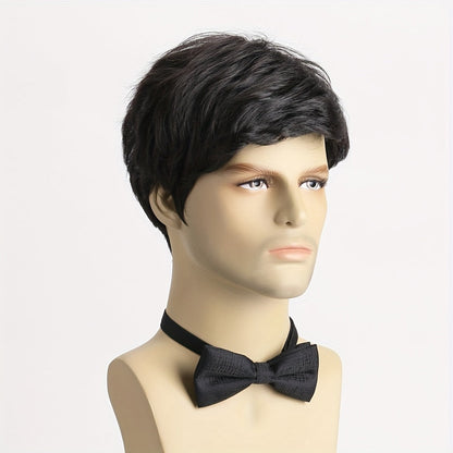 This stylish men's short curly wig features side bangs and is made of 10-inch synthetic fiber that is heat resistant and non-textile material. The black color and funky style make it perfect for everyday wear, parties, Halloween, and role-playing.