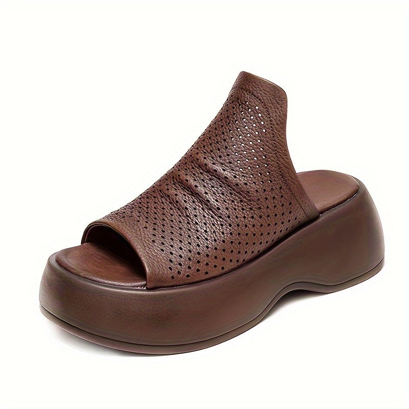 Trendy women's platform sandals with cut out design and soft sole, perfect for vacation or summer.